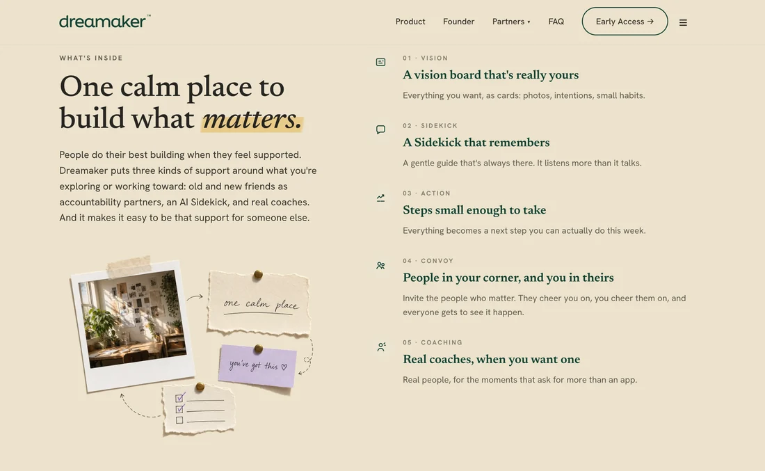 Dreamaker’s product website describing vision boards, a Sidekick, small actions, and community support; shown as context for the architecture contribution.